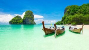 Railay Beach Krabi limestone sunset turquoise — most beautiful beach Thailand 2026