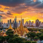 Bangkok skyline + temple at golden hour