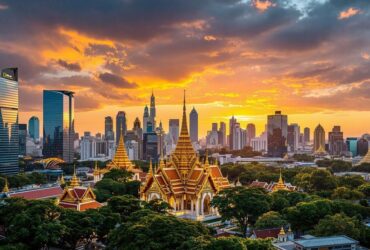 Bangkok skyline + temple at golden hour