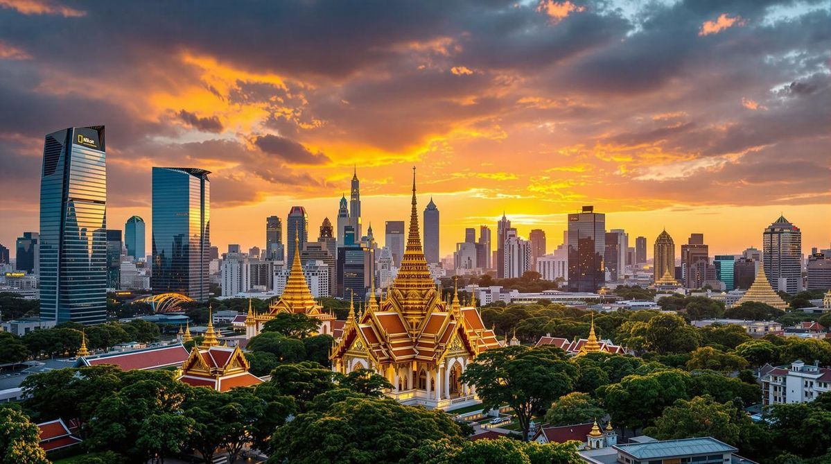 Bangkok skyline + temple at golden hour