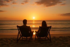 Indian couple watching sunset on island beach
